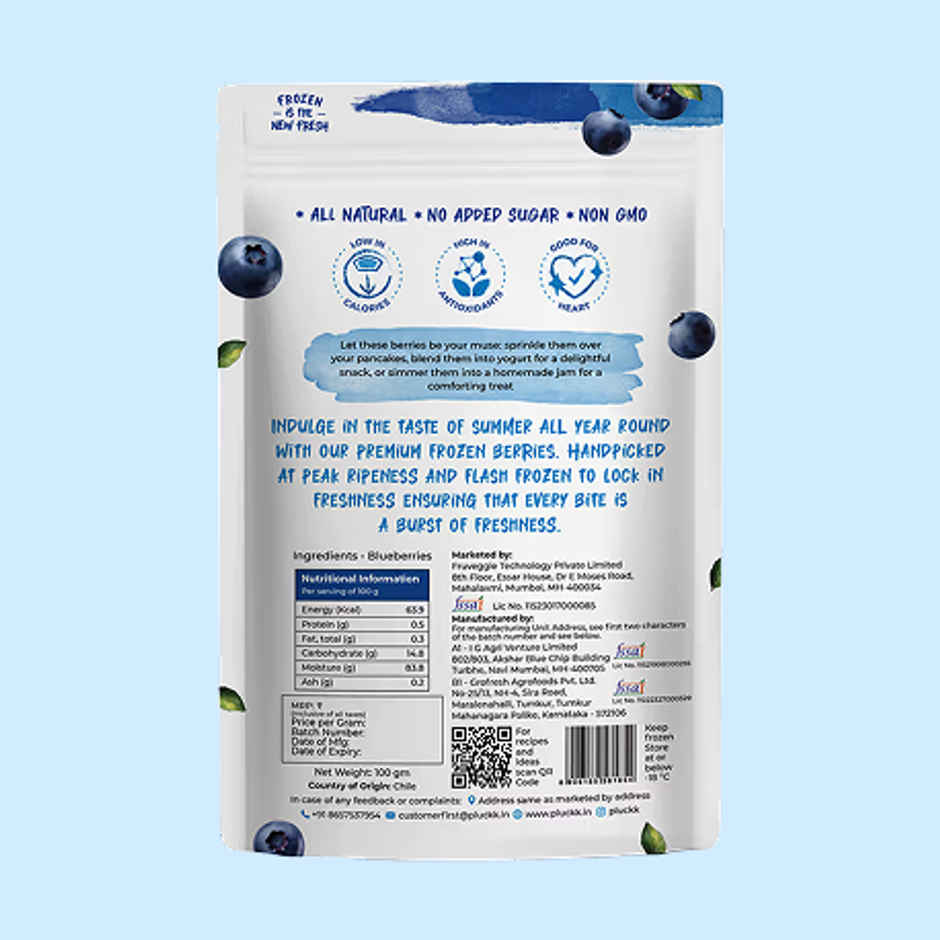 Pluckk Fresh Frozen Blueberry Imported Natural Non Gmo Antioxidant Rich Superfood Snack