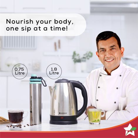 Wonderchef Crescent Electric Kettle 1.8 L & Sippy Stainless Steel Bottle 750 ml, Silver