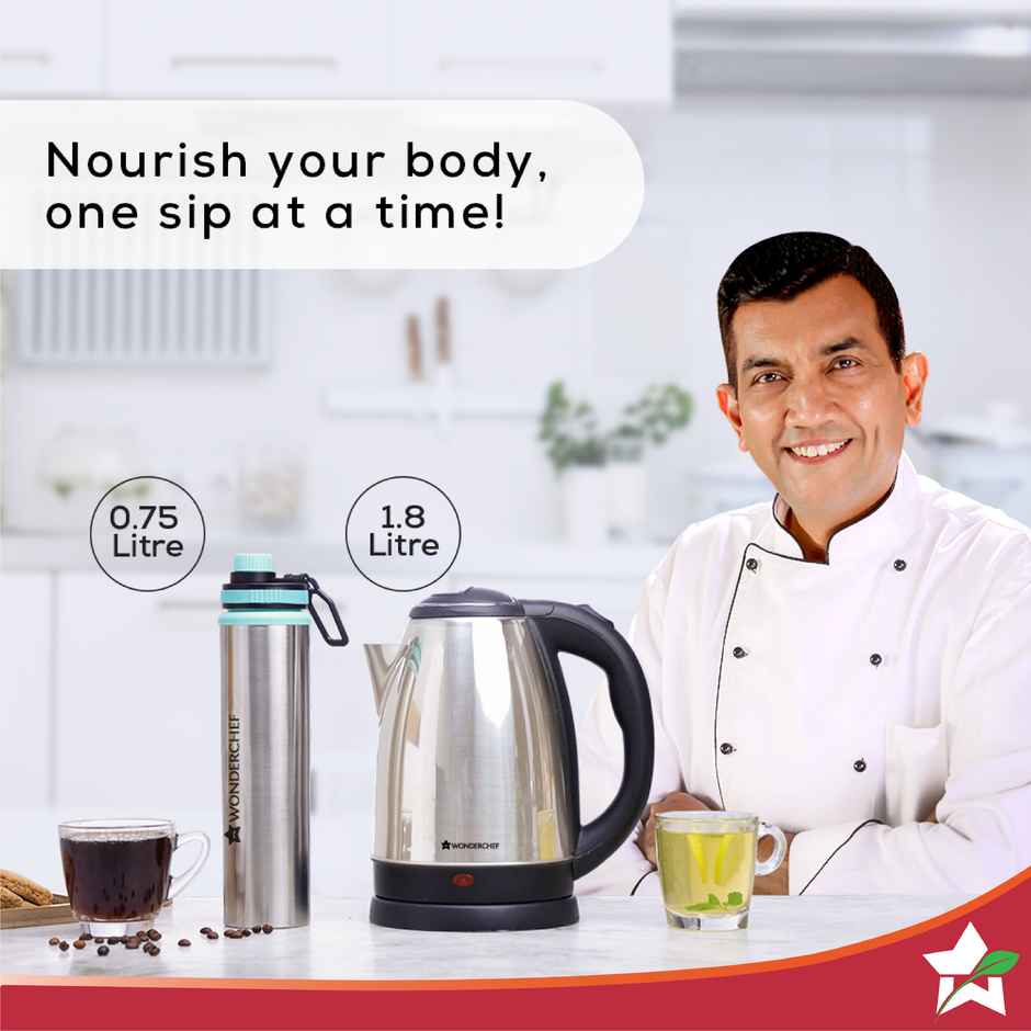 Wonderchef Crescent Electric Kettle 1.8 L & Sippy Stainless Steel Bottle 750 ml, Silver