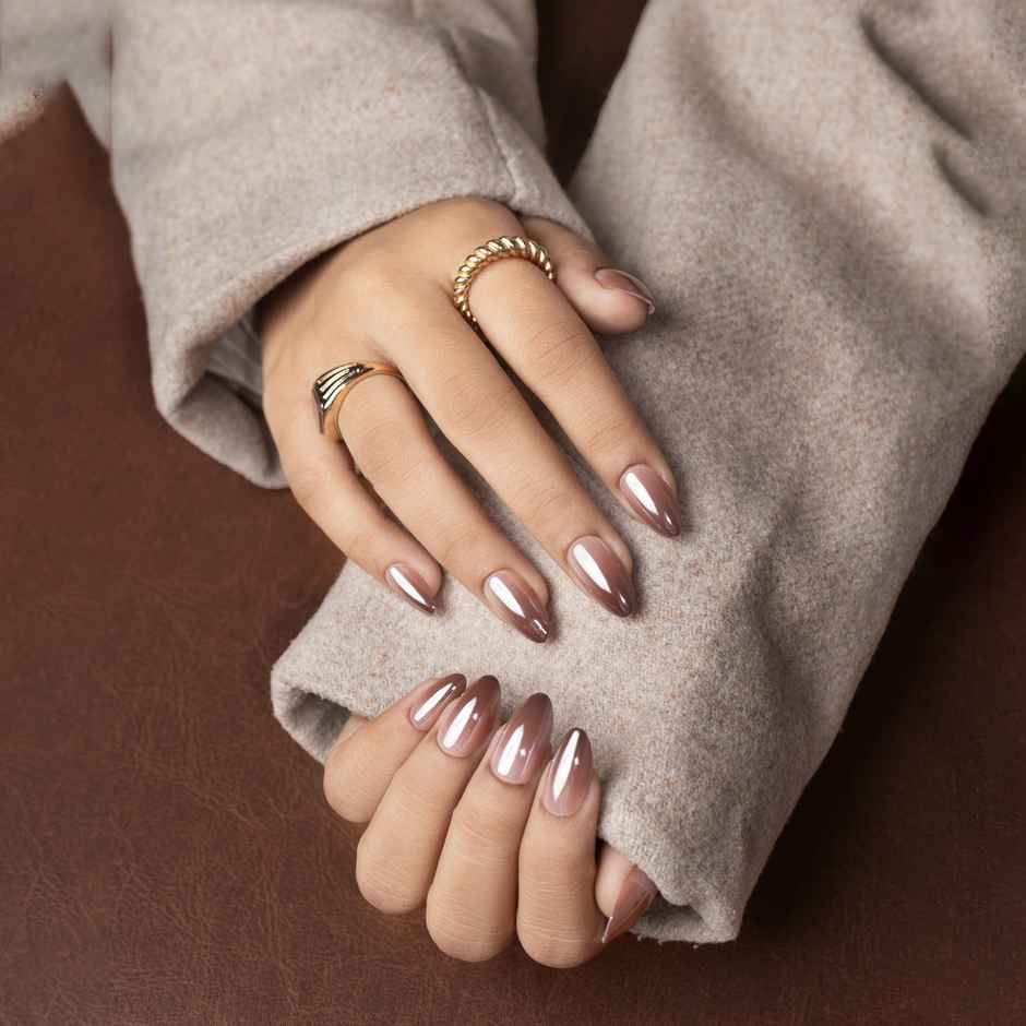 Pep Nails Brown Glow Medium Almond Brown Metallic Soft Gel Reusable Press On Nails | 30 Nail Tips
