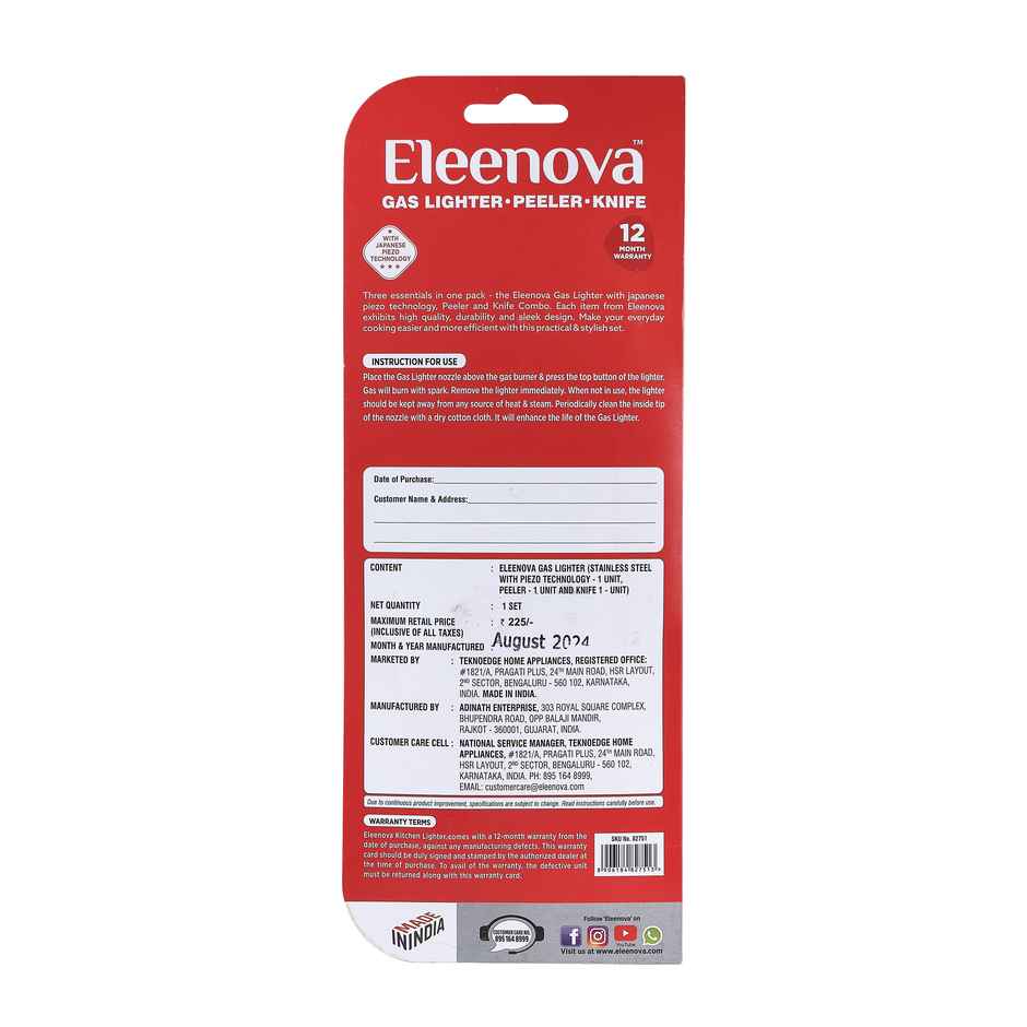 Eleenova Gas Stove Lighter, Kitchen Knife and Peeler Set | Combo Pack