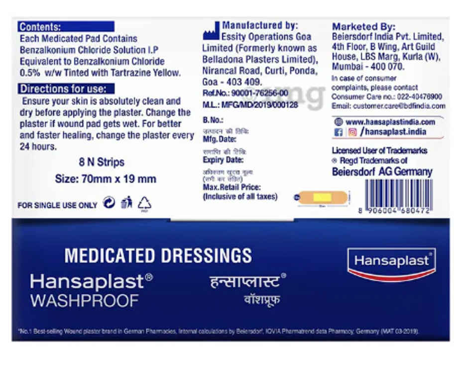 Hansaplast Washproof Medicated Dressing Band Aid, First Aid