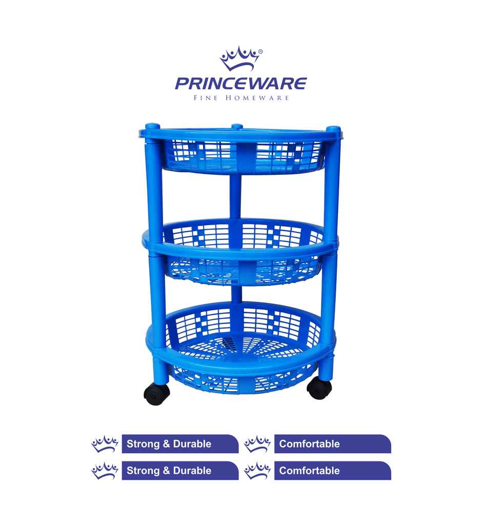 Princeware Maria Round Kitchen Trolley With Wheels 3 Rack- Blue
