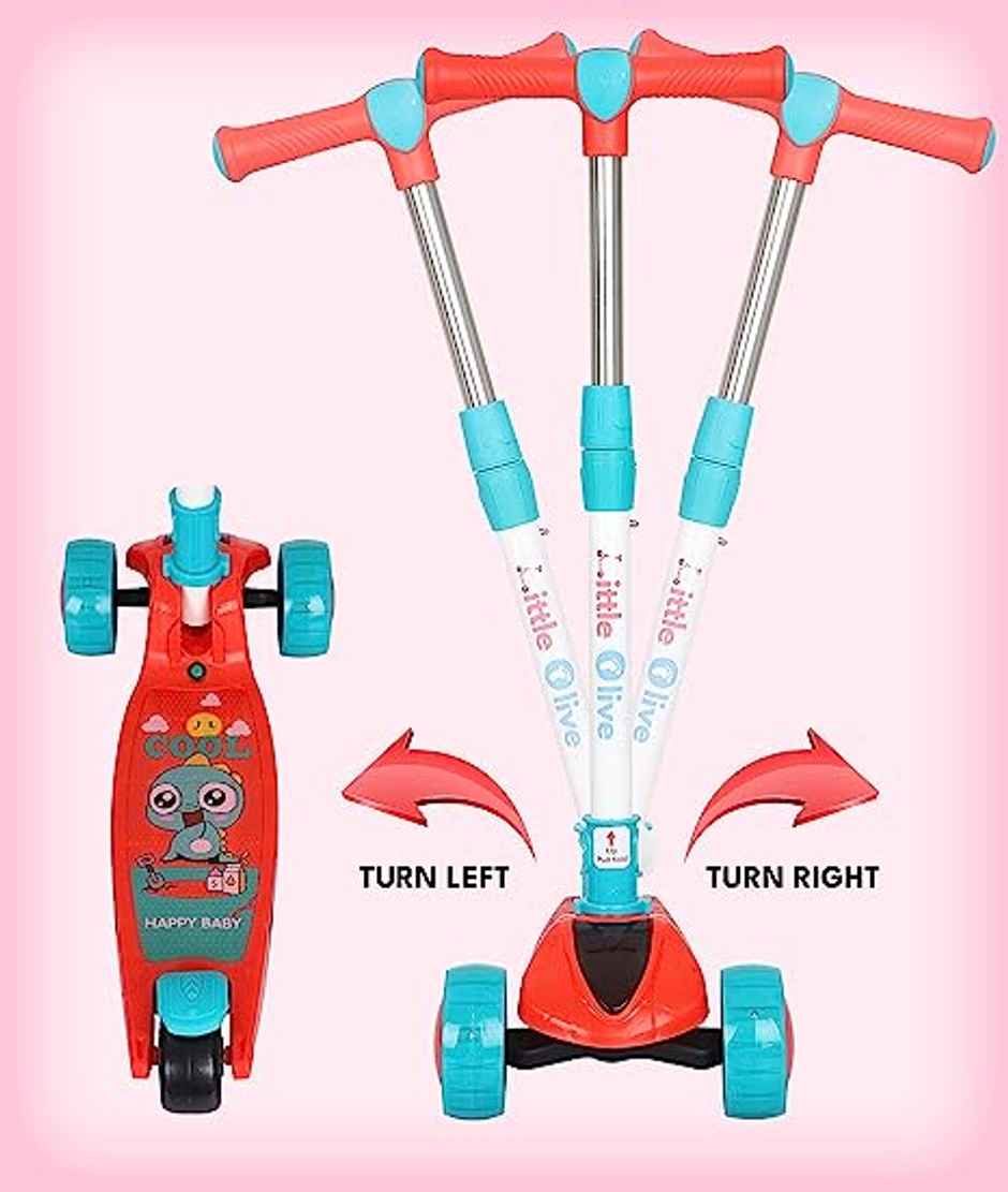 Little Olive Pluto Kids Scooter with LED Wheels, Adjustable Height, Foldable, for Ages 3-7 (Red)