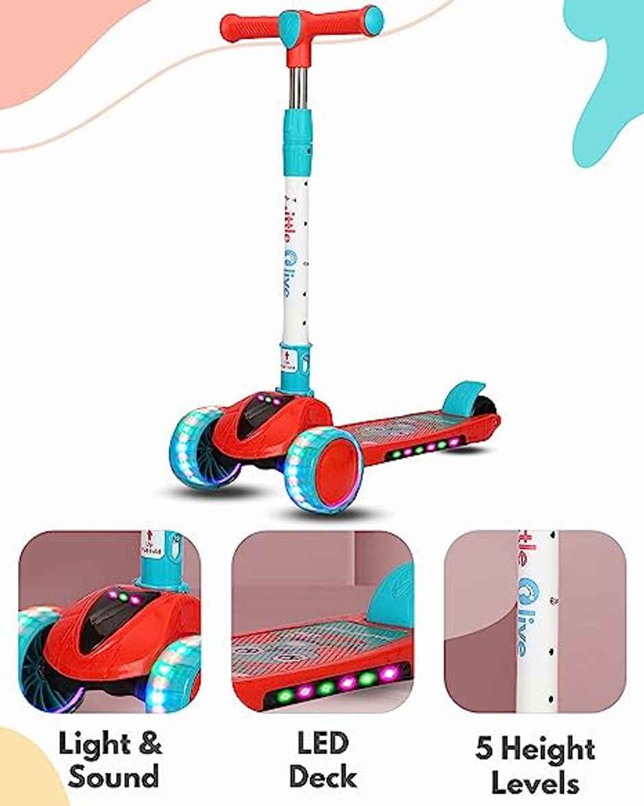 Little Olive Pluto Kids Scooter with LED Wheels, Adjustable Height, Foldable, for Ages 3-7 (Red)