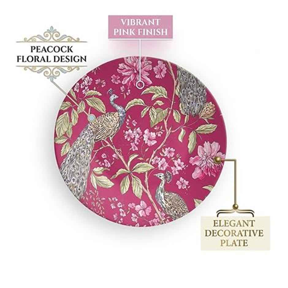 CasaCraft Pepperfry Decorative Pink Artistic Peacock Round Wall Hanging Decor Plate for Living Room