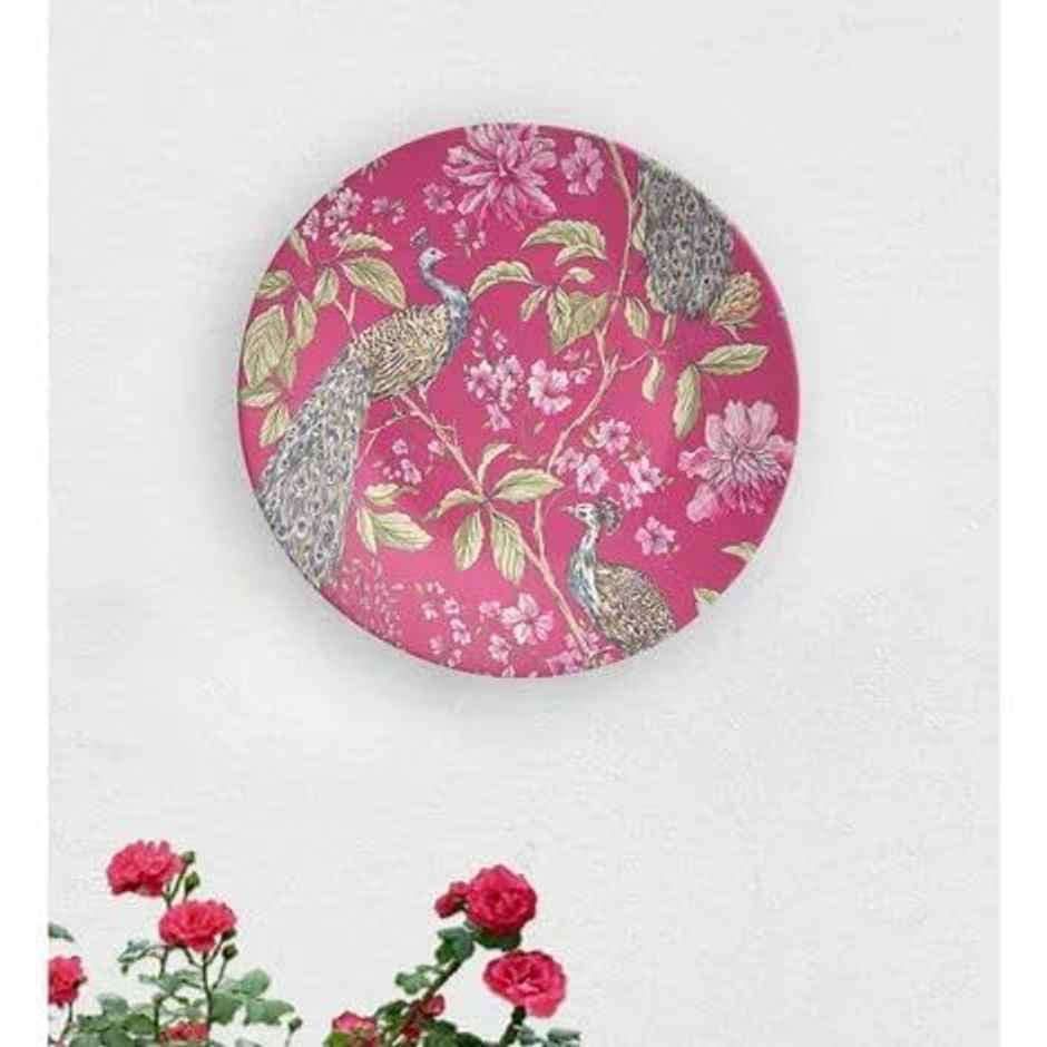 CasaCraft Pepperfry Decorative Pink Artistic Peacock Round Wall Hanging Decor Plate for Living Room
