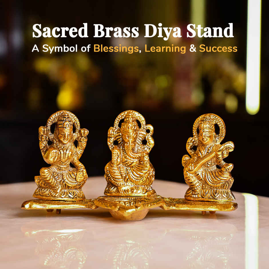 HINDCRAFT Laxmi Ganesh Saraswati Brass Diya | Diwali Decor & Pooja Gift for Home