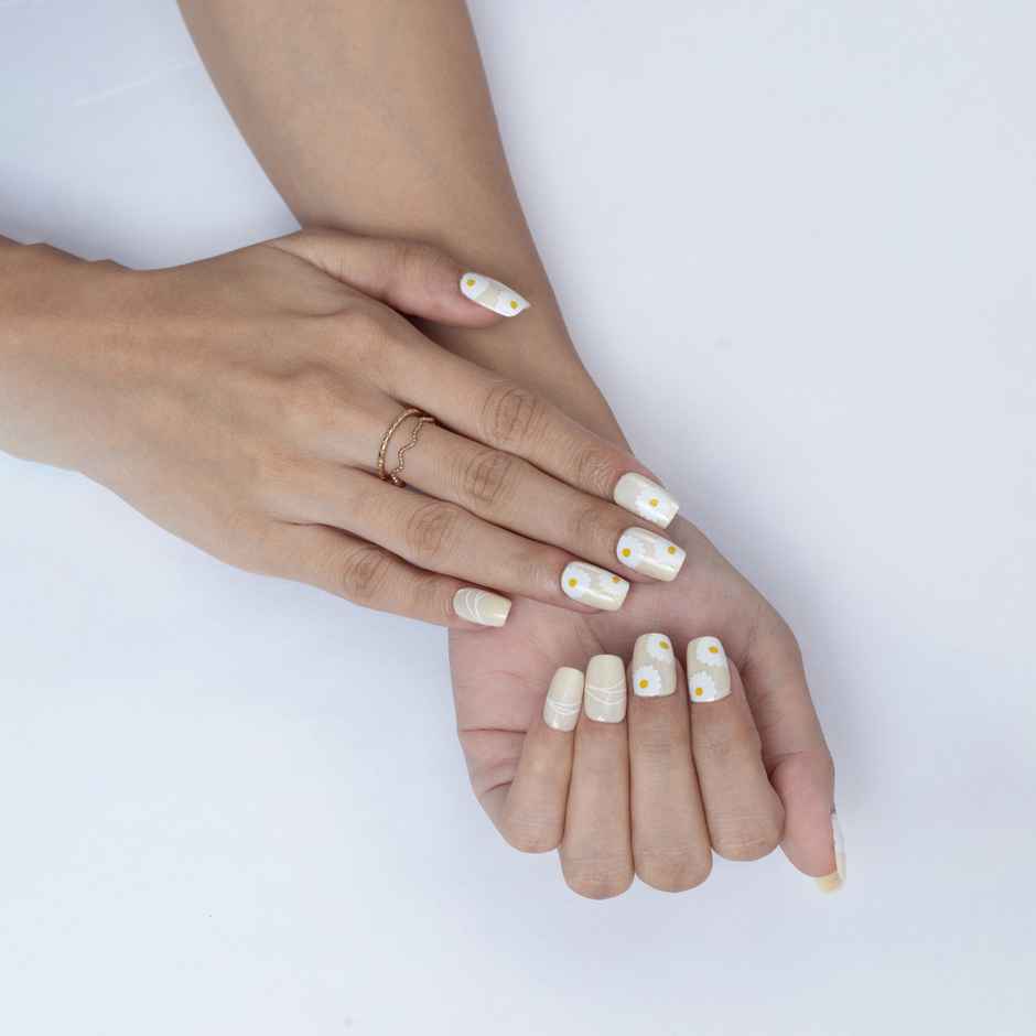 Pep Nails Buttercup Yellow Floral Medium Coffin Reusable Press On Nails 30 Nail Tips