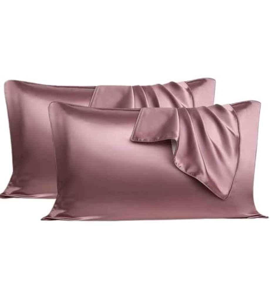 Casacraft by Pepperfry Rose Pink 400 TC Silk 2 Pillow Covers With 3 Assorted Scrunchie Free