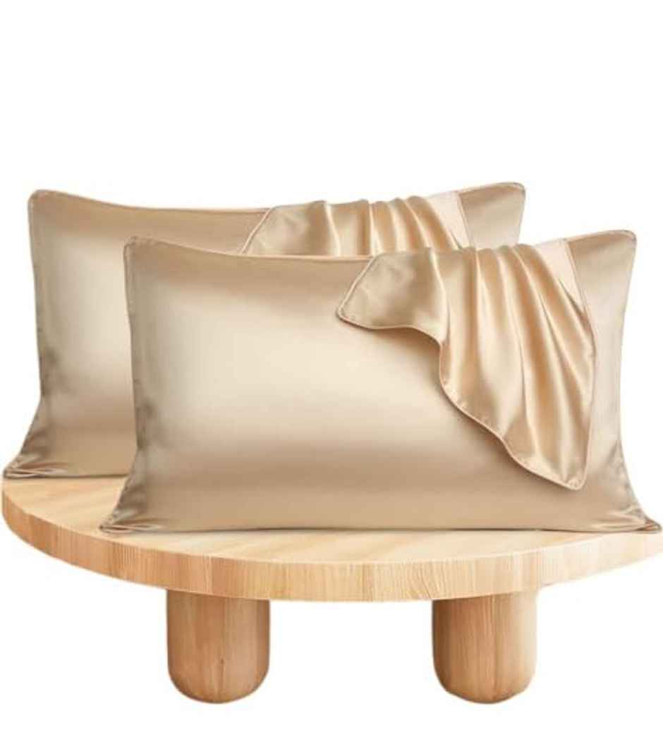 Casacraft by Pepperfry Beige Solid 400 TC Silk 2 Pillow Covers With 3 Scrunchies Free