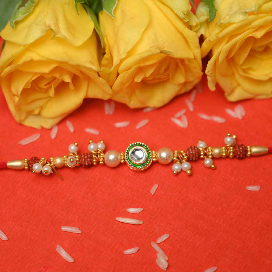 Aurum Pearl Rakhi With Rudhraksh & Ghugharu - Elegant Rakhi