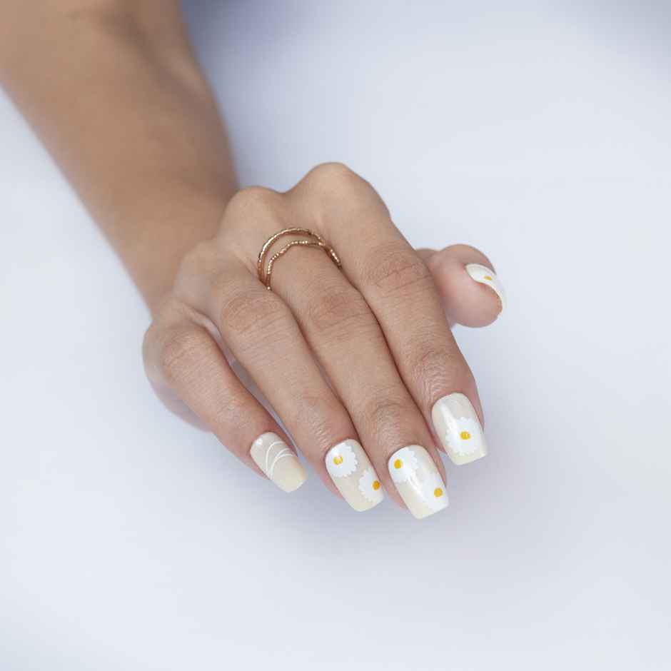 Pep Nails Buttercup Yellow Floral Medium Coffin Reusable Press On Nails 30 Nail Tips