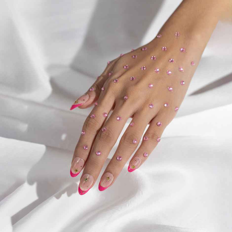 Pep Nails Blush & Bling Pink Gemstone Medium Almond Reusable Press On Nails | 24 Nail Tips
