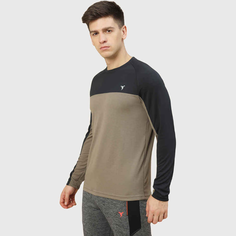 Technosport Men's Poly Colorblock Slim Fit Round Neck Full Sleeve T-shirt | Stone Grey - M