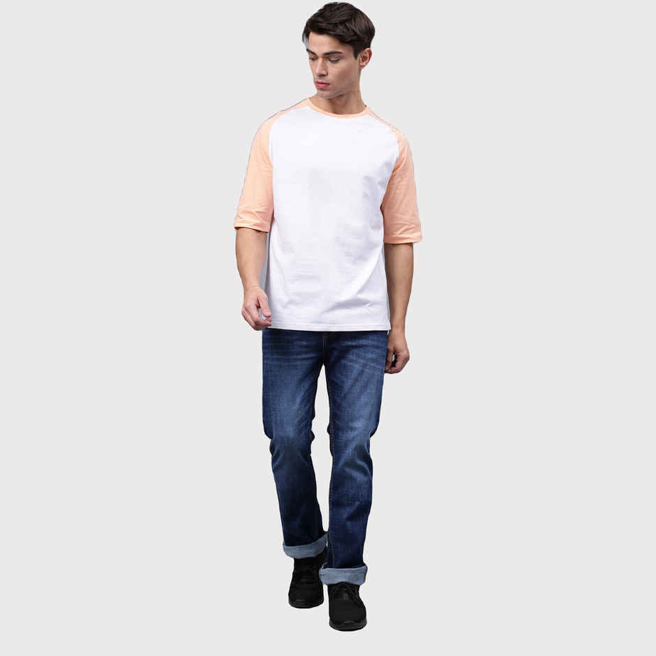 Mad Over Print Men's Colorblock T-shirt | Peach & White - XXL