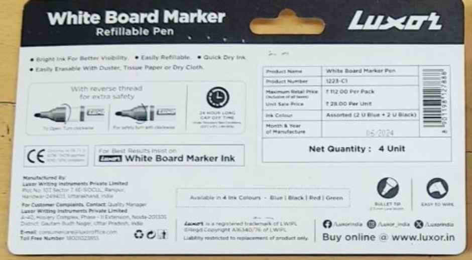 Luxor Whiteboard Marker Pack of 4 | 2 Blue Plus 2 Black | Classroom Essential