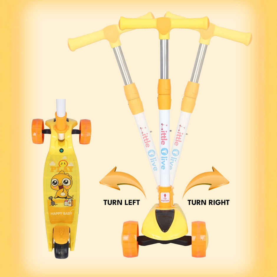 Little Olive Pluto Kids Scooter with LED Wheels, Adjustable Height, Foldable, for Ages 3-7 (Yellow)