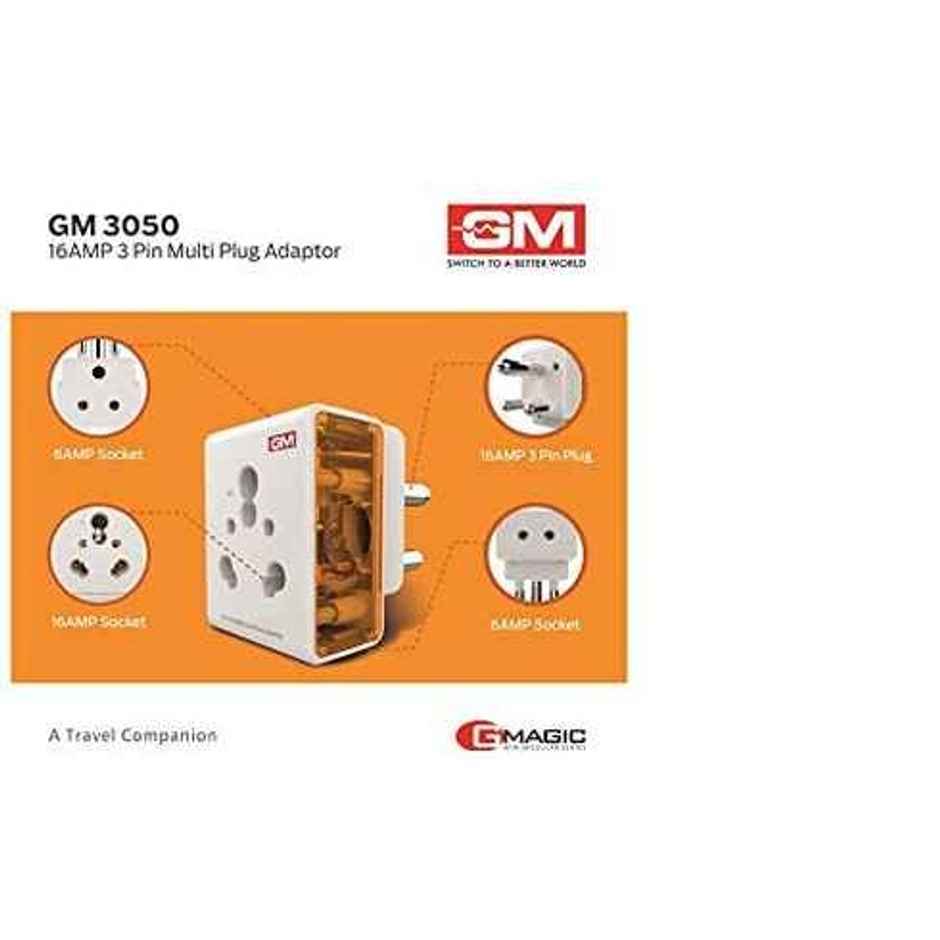 GM 3050 16 AMP Heavy Duty Socket 3 Pin Multi Plug Travel Adaptor Suitable for heavy wattage Appliances(AC, refrigerators, Microwaves)