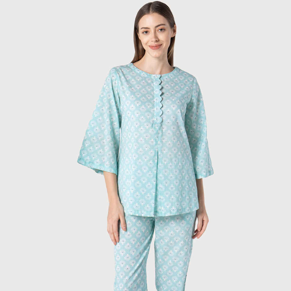 Sanskrutihomes Women Floral Printed Pure Cotton Sky Blue Night Suit SE-NSP-663 | S