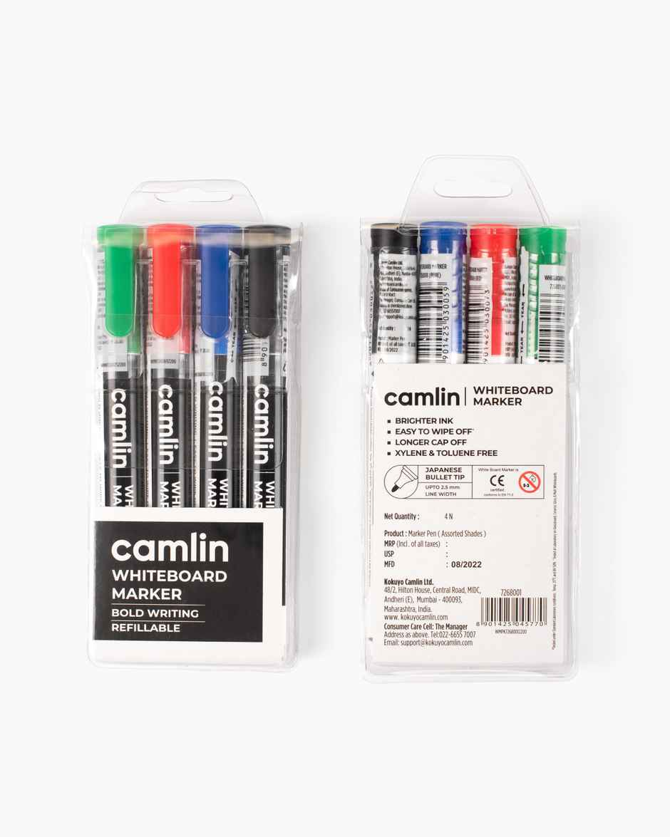 Camlin Whiteboard Marker - Pack Of 4 Assorted Colors (Black, Blue, Red, Green)