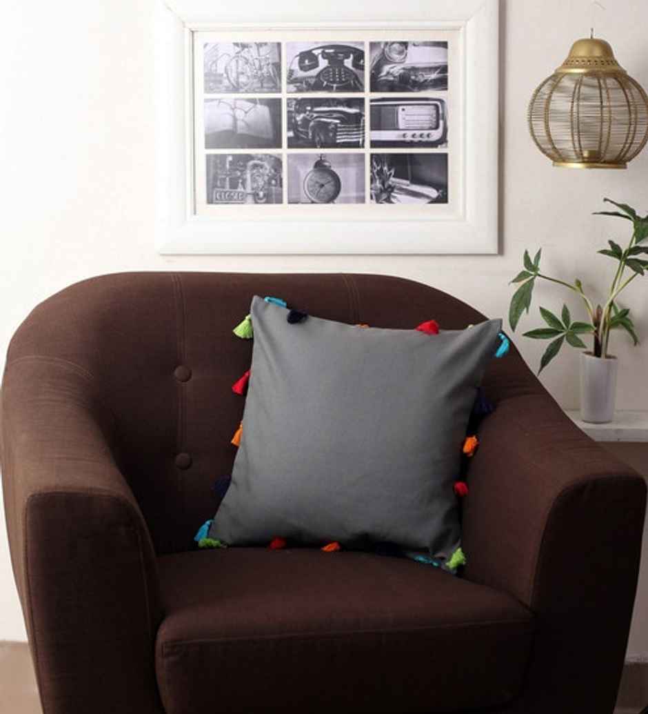 Lushomes Cushion Cover with Pom Pom - Grey | 14 x 14 inch