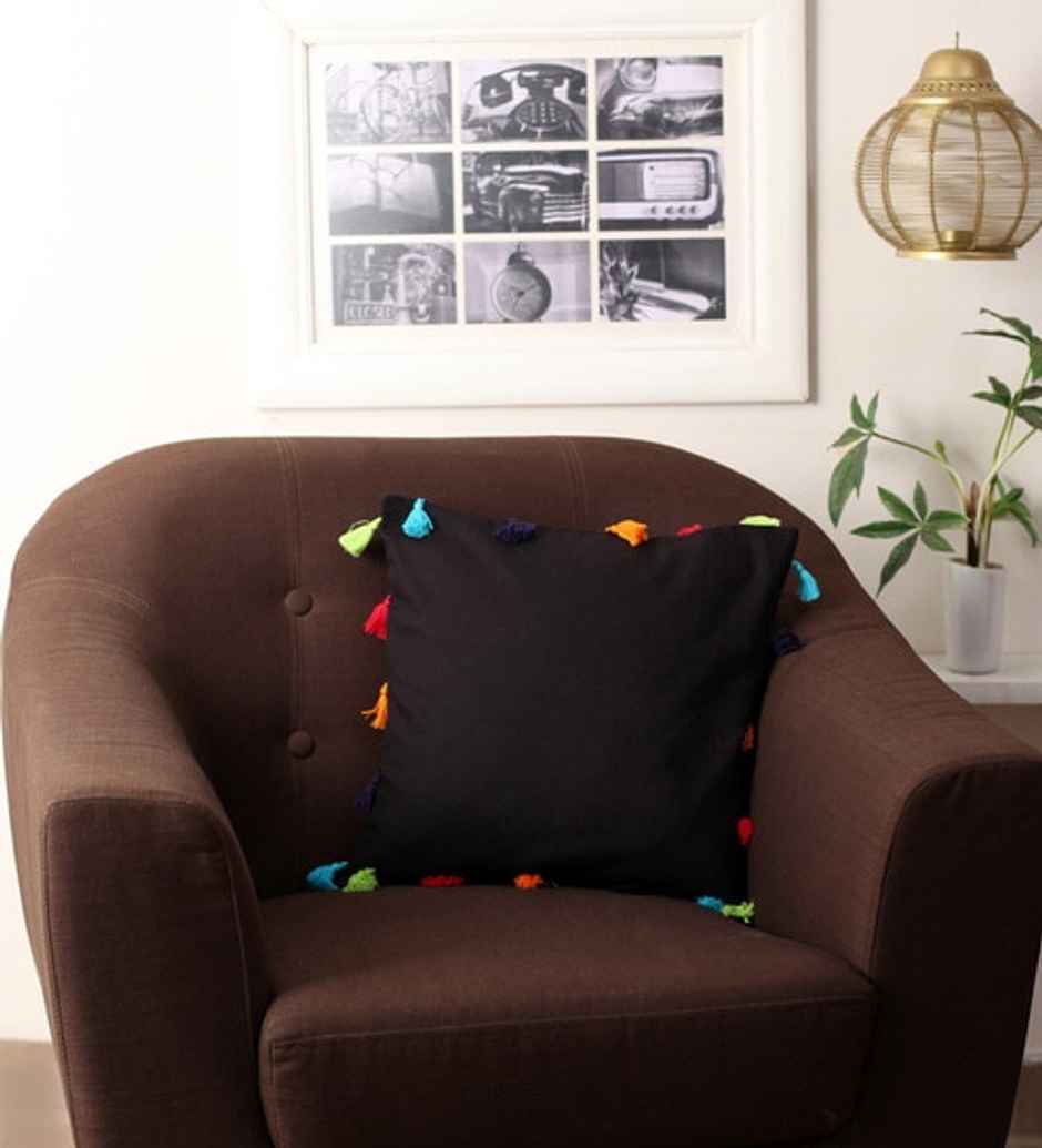 Lushomes Boho Cushion Cover - Black | Tassels & Pom Pom | 18 x 18 inch