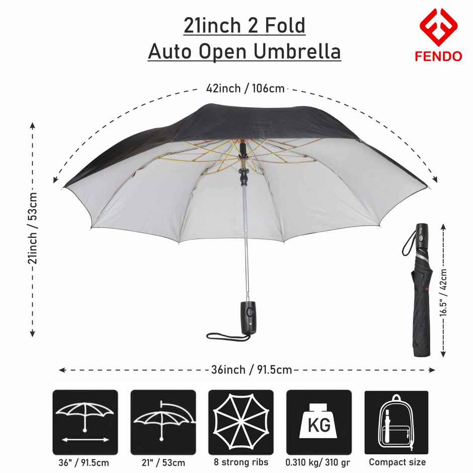 Fendo Rolex Umbrella Black | 21 inch | 2 Fold