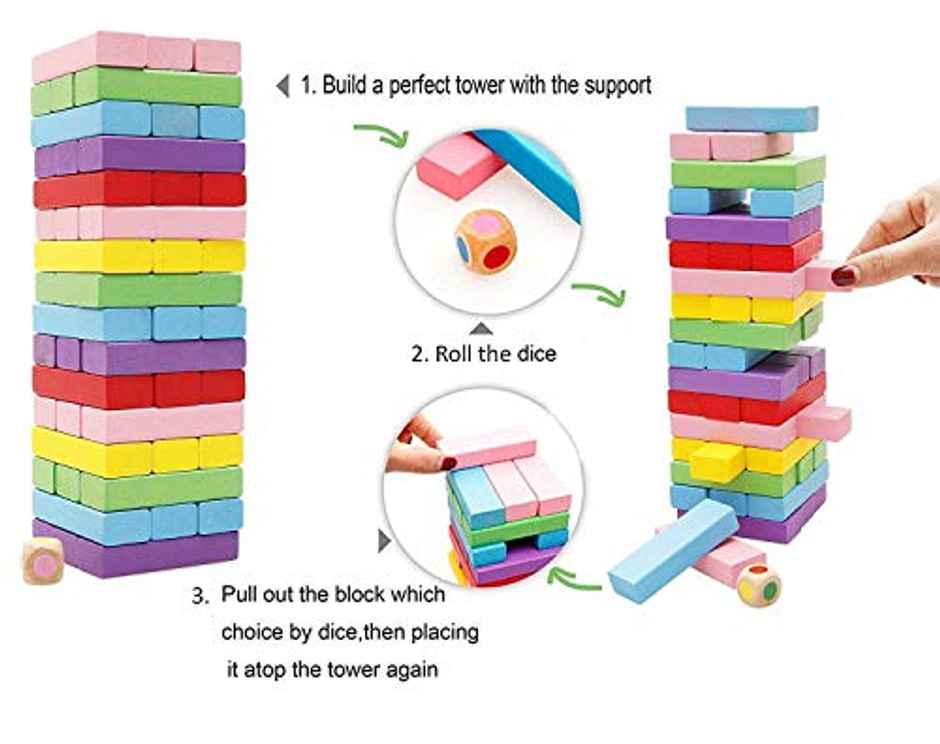 Storio Colorful Wooden Tumbling Tower Game | Family Board Game with Dice
