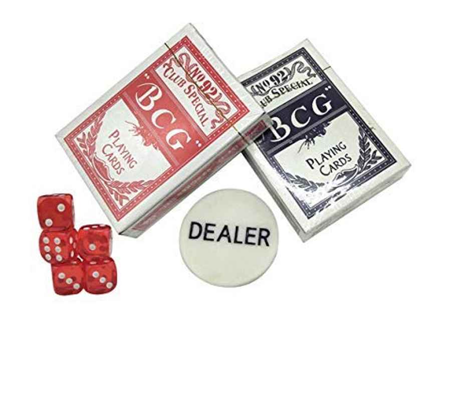 Toyshine Casino Style Poker Chips Set with Aluminum Finish Case, 2 Decks of Cards, 5 Dice, 1 Dealer Button - 200 Chip set