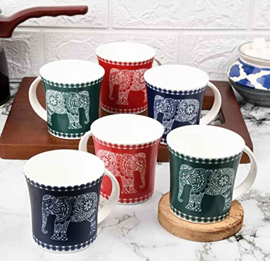 Femora Majestic Elephant Ceramic Tea Cup Set Of 6, 160 ml | Assorted Color