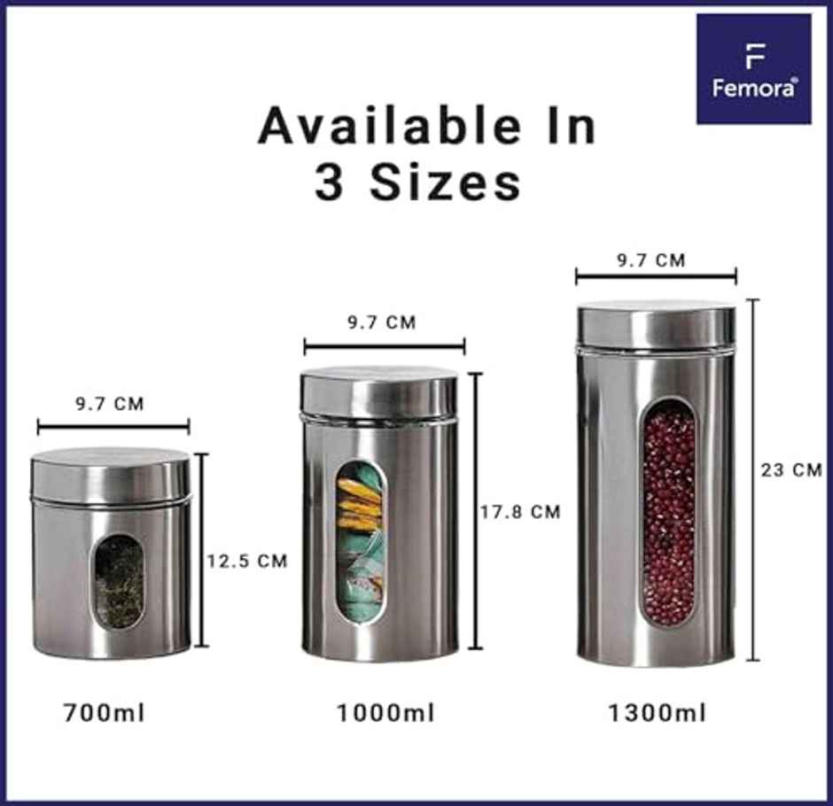 Femora Kitchen Storage Jars Steel Body With See Through Window Jar | 1300 ml | Pack Of 1