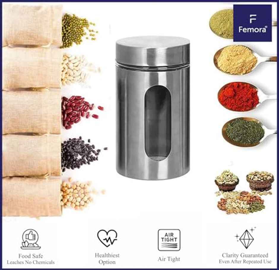 Femora Kitchen Storage Jars Steel Body With See Through Window Jar | 1300 ml | Pack Of 1