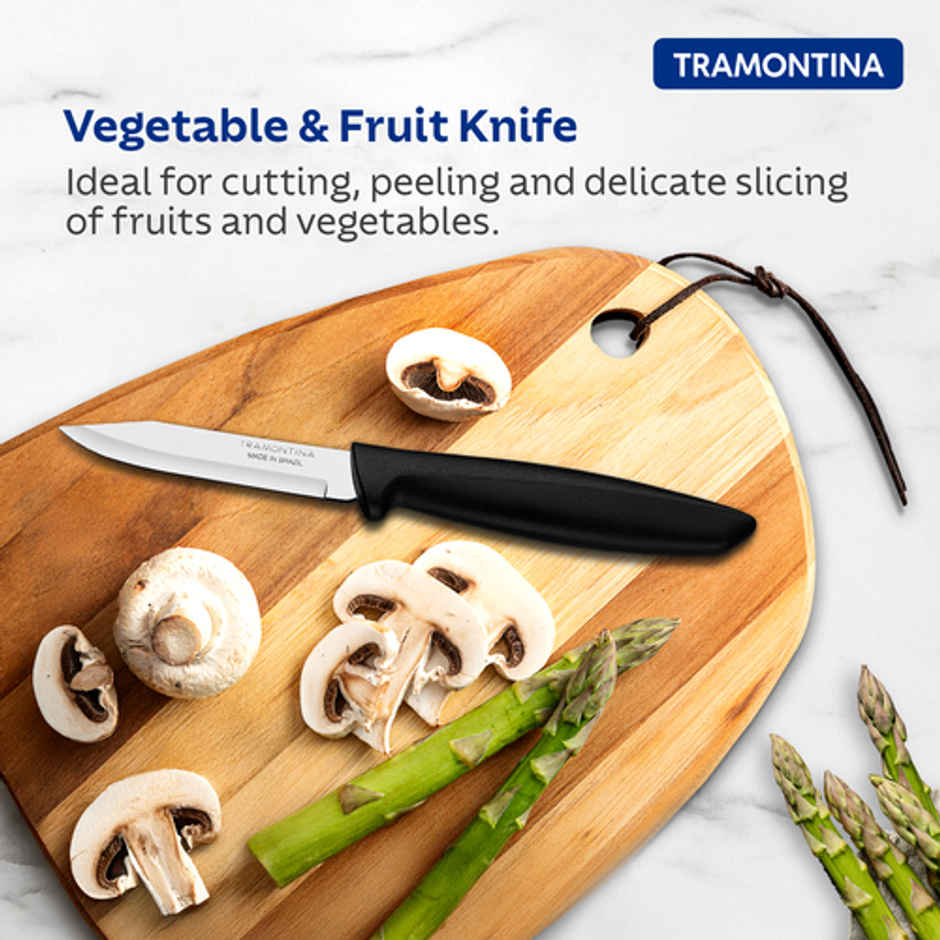 Tramontina Plenus Stainless Steel Vegetable and Fruit Knife/Chaku, 7cm/2.7 inch | Black | Straight/Plain Edge Knife | Polypropylene Handle | Dishwasher Safe | 5 Year Warranty | Made in Brazil