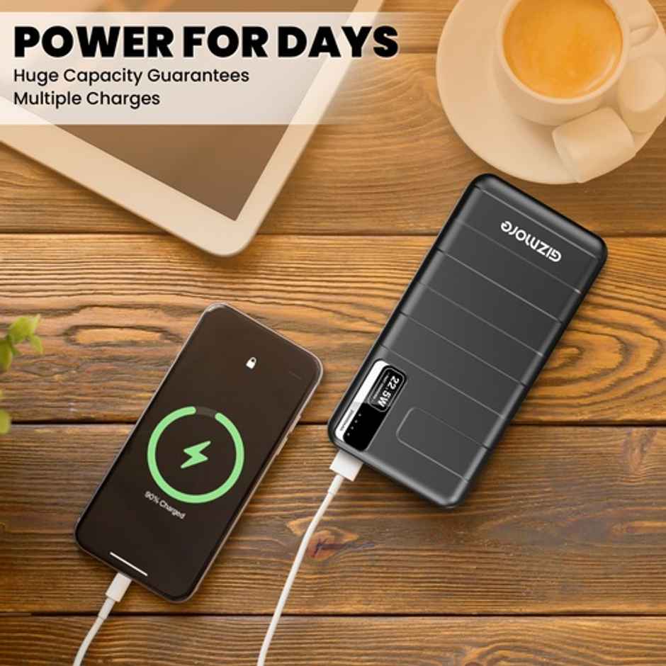GIZMORE 10000mAh PD Wired Power Bank 22.5W Fast Charging | Dual USB Output, 1 Micro USB Input, Type C (Input & Output)|LED Indicator, Lightweight| Lithium Polymer Power Bank - Black