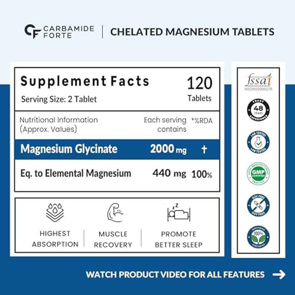 Carbamide Forte Chelated Magnesium Glycinate Supplement 2000mg 120 Veg Tablets