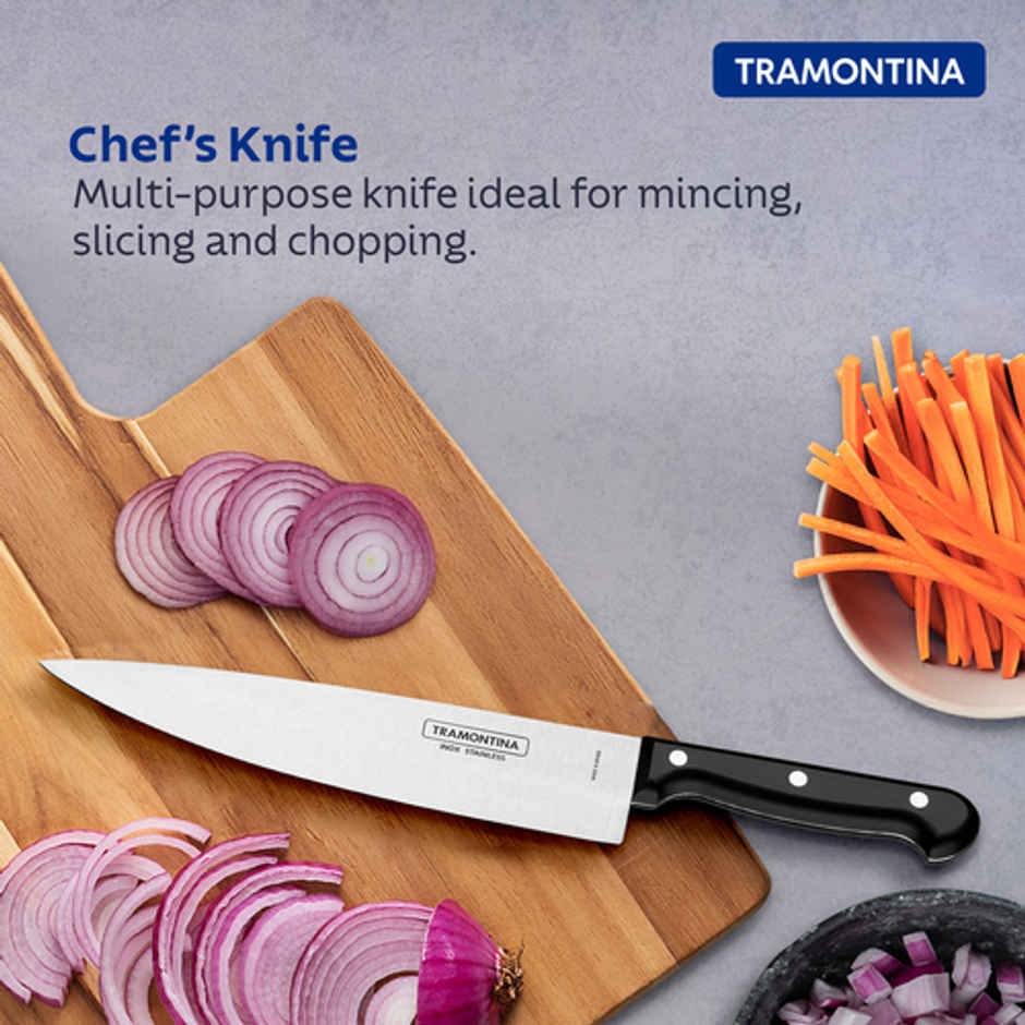 Tramontina Ultracorte Stainless Steel Chef Knife/,15cm/5.9 inch | Black | Straight/Plain Edge | Antimicrobial |Polypropylene Handle |Dishwasher Safe | 5 Year Warranty | Made in Brazil