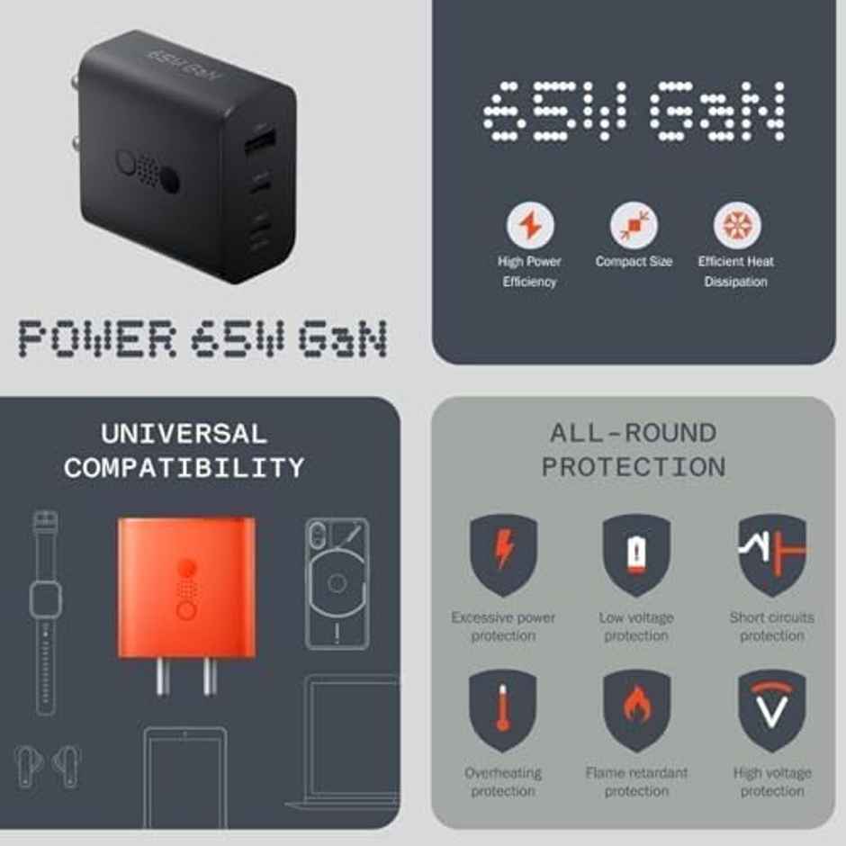 Sounce 65W Fast Charger Adapter | GaN Technology | Triple Output 3A Multiport Mobile Charger, Black