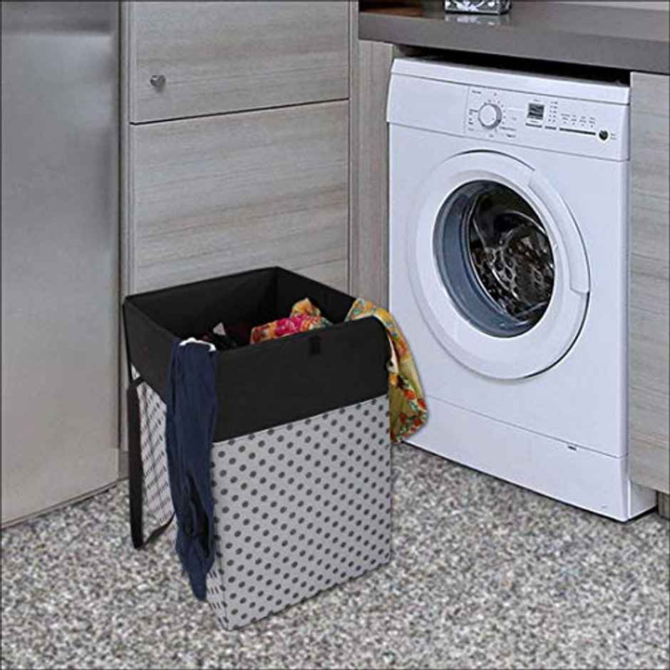 PrettyKrafts 75 L Large Laundry Basket | Foldable Hamper with Lid & Cloth Organizer - Grey Black