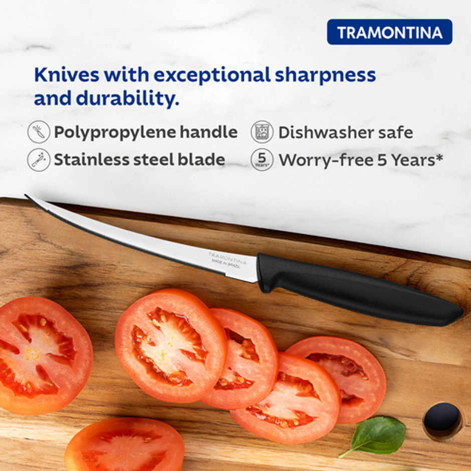 Tramontina Plenus Stainless Steel Tomato Knife/, 12cm/4.7 inch | Black | Micro-Serrated Edge/Wavy/Serrated Edge Knife | Polypropylene Handle | Dishwasher Safe | 5 Year Warranty | Made in Brazil