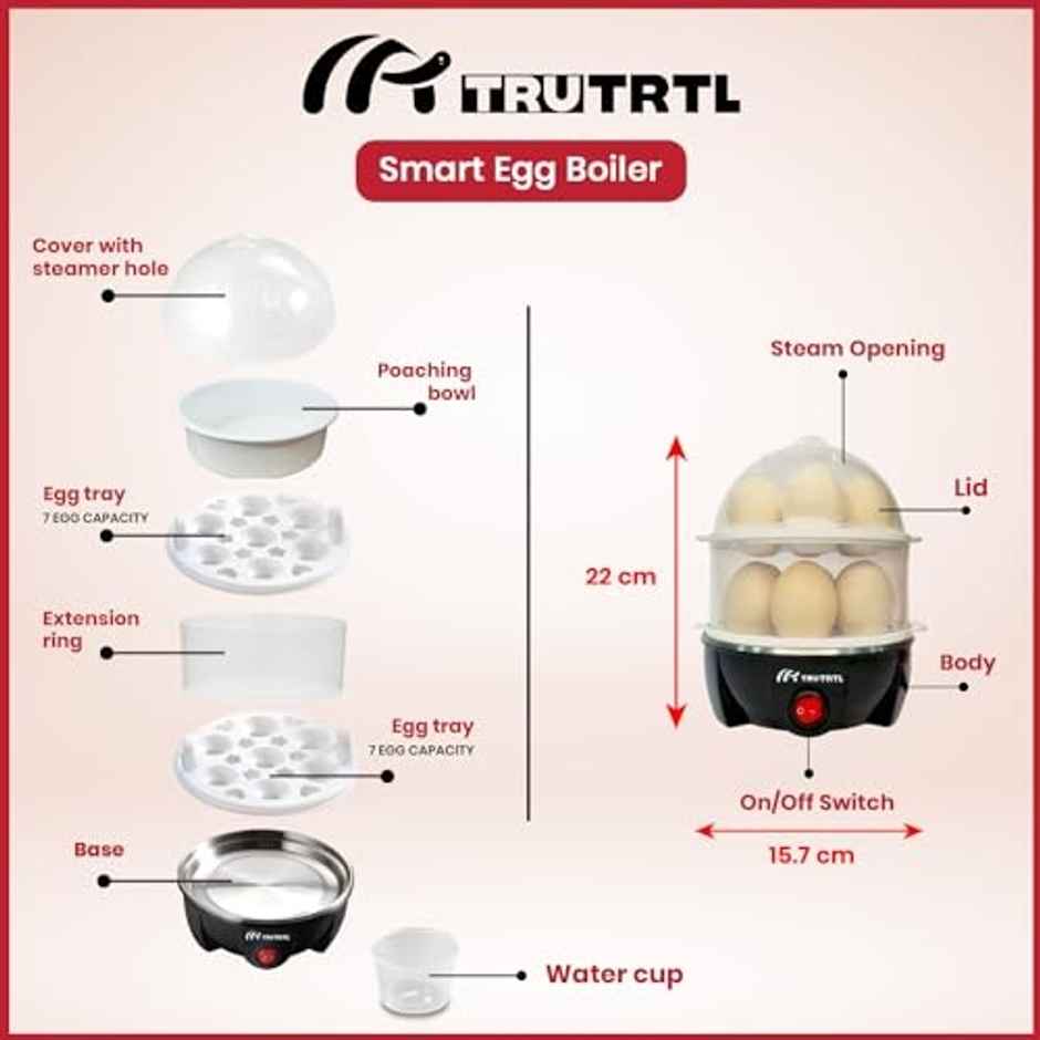 truTRTL Smart 4-in-1 Egg Boiler Machine 350 Watts | Boil upto 14 Eggs, Poach Eggs, Steam Vegetables Make Dhokla, Reheat (828 ml) - Black
