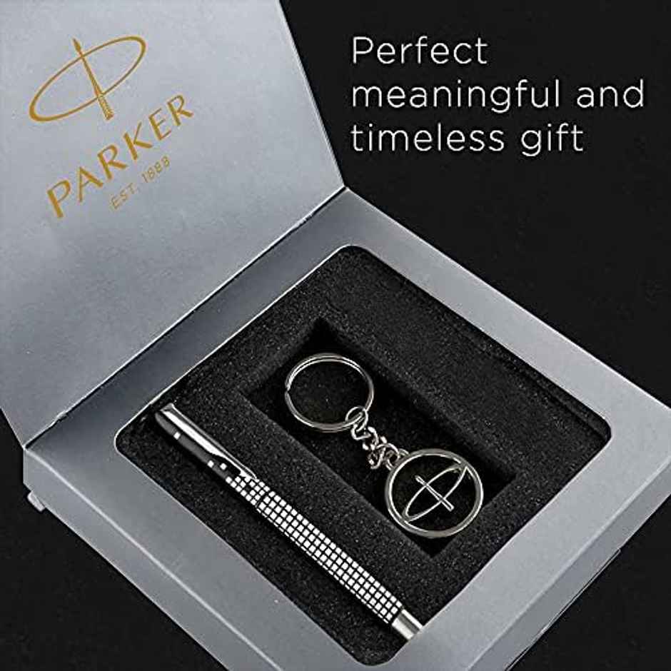 Parker Gift Set - (Parker Vector Special Edition Chrome Trim Roller Ball Pen) |1 Pen + 1 Key Chain (1pc) & Paperkraft Single Line Executive Notebook (300 Pages) (1pc) Combo