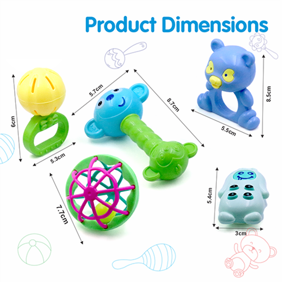 Aditi Toys 5-Piece Baby Rattle Set - Safe, Colourful, 100% BPA Free, Non-Toxic, Infant Grab, Age 0 -6M