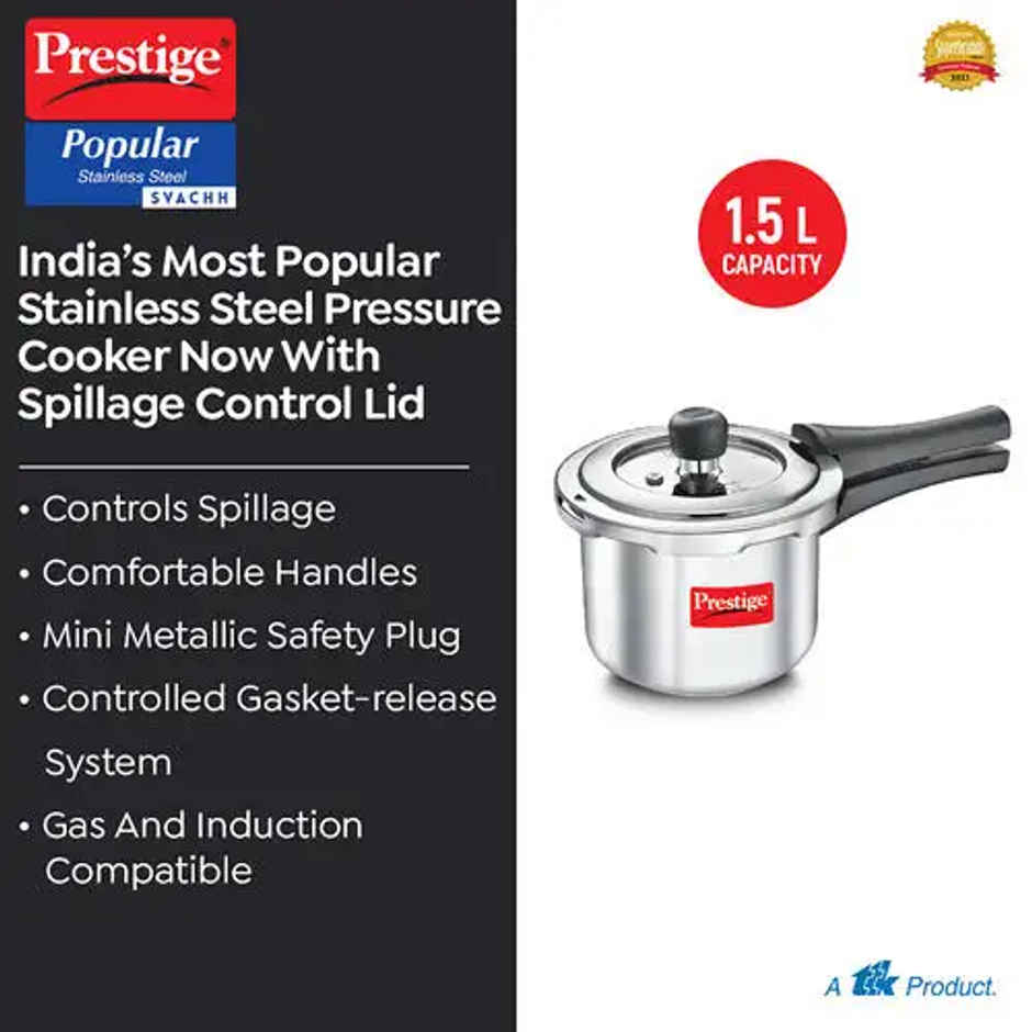 Prestige 1.5 Litre Popular Svachh Spillage Control Stainless Steel Pressure Cooker | Silver