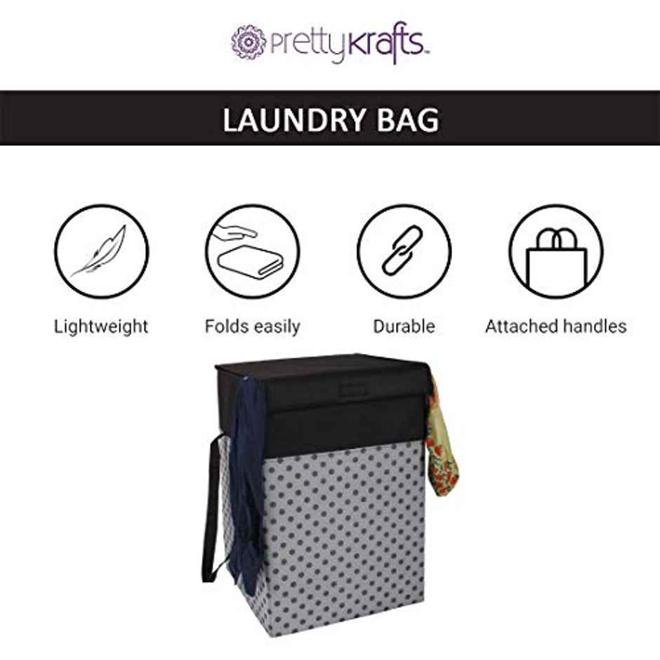 PrettyKrafts 75 L Large Laundry Basket | Foldable Hamper with Lid & Cloth Organizer - Grey Black