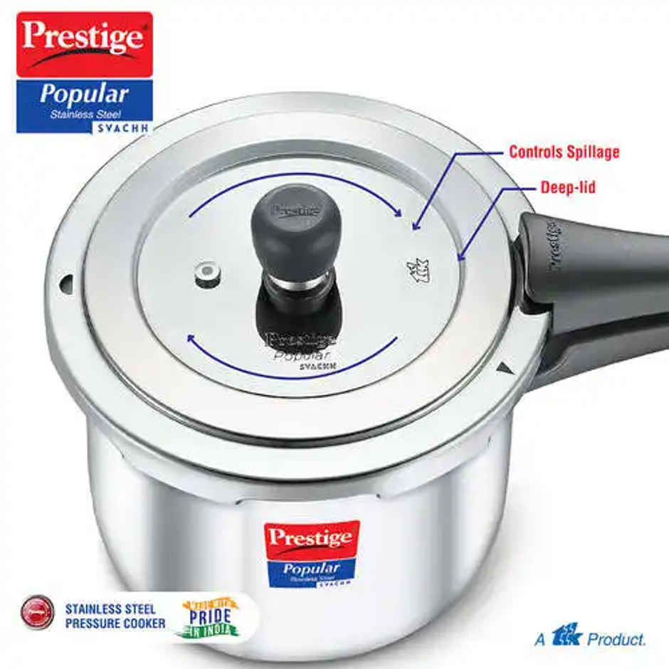 Prestige 1.5 Litre Popular Svachh Spillage Control Stainless Steel Pressure Cooker | Silver
