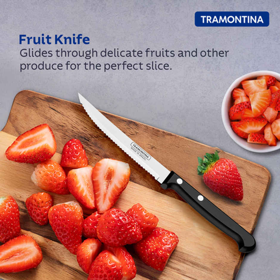 Tramontina Ultracorte Stainless Steel Fruit Knife/,12cm/4.7 inch | Black | Wavy/Serrated Edge | Antimicrobial |Polypropylene Handle |Dishwasher Safe | 5 Year Warranty | Made in Brazil