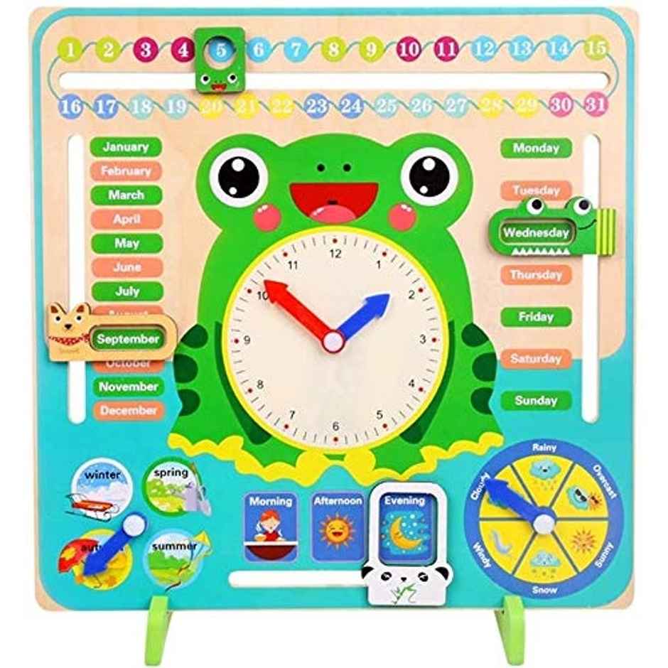 Toyshine Time & Seasons Wooden Clock Board - Educational Game for Kids | Frog Green