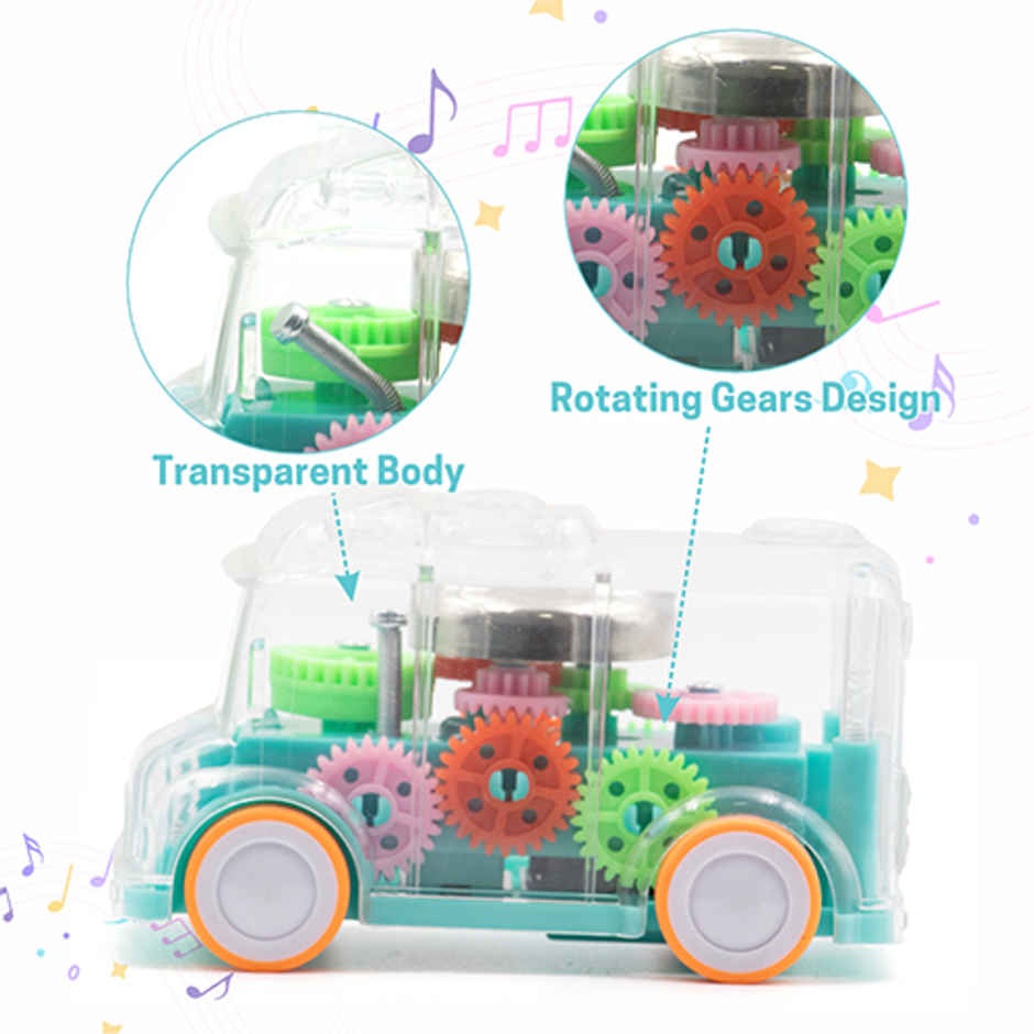 Aditi Toys Transparent Gear Mini School Bus with Tinkling Sound and Light for Kid 3 Years-Light Blue