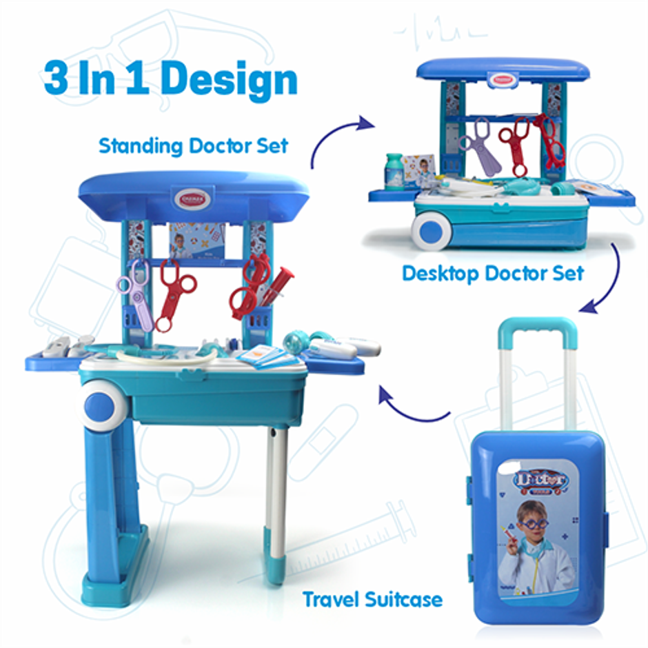 Aditi Toys Pretend Play Doctor Set with Trolley & LED Tools with 13 Piece Doctor Kit - Age 3+ |Blue